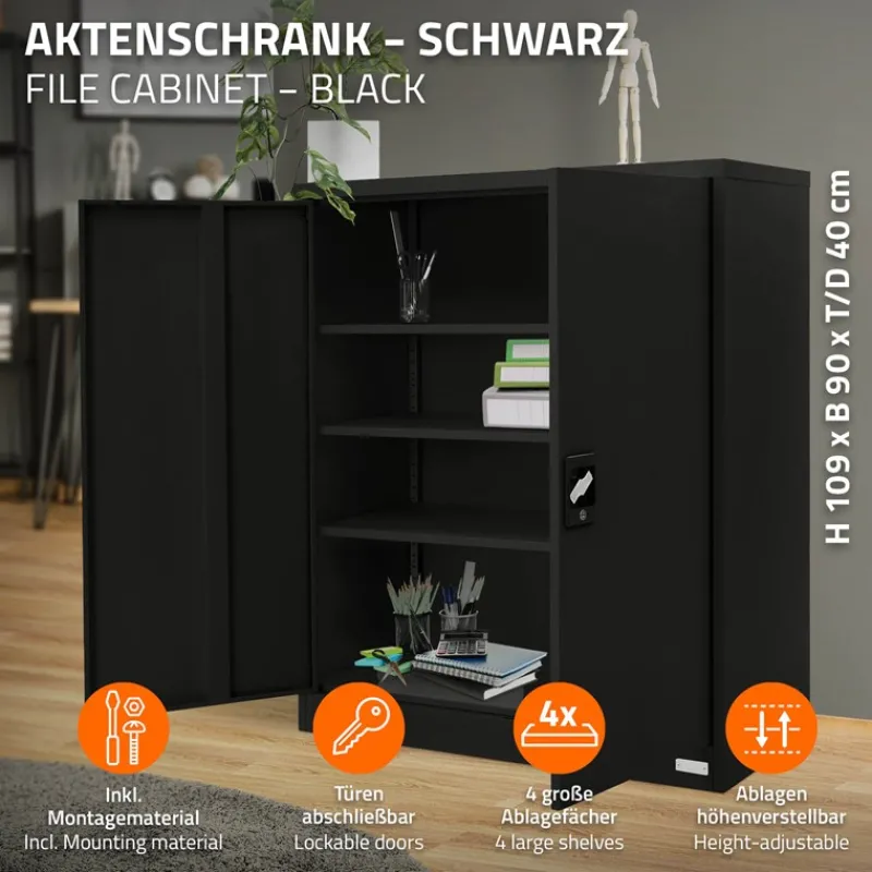 Aktenschrank abschließbar 90x40x109 cm Schwarz aus Stahl ML-Design-ECD Germany Outlet