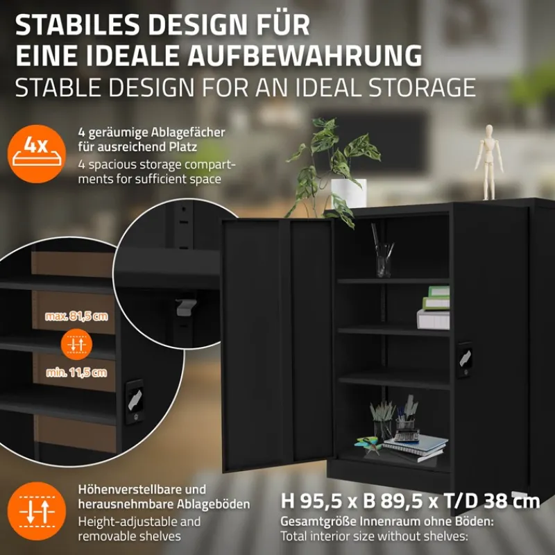 Aktenschrank abschließbar 90x40x109 cm Schwarz aus Stahl ML-Design-ECD Germany Outlet