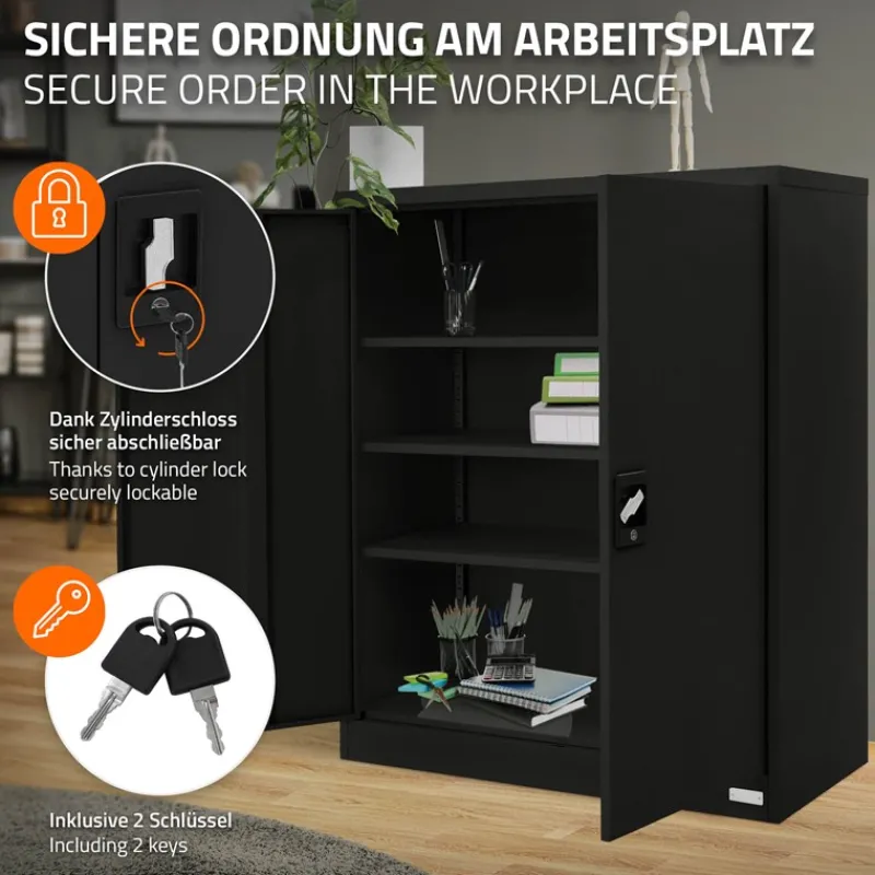 Aktenschrank abschließbar 90x40x109 cm Schwarz aus Stahl ML-Design-ECD Germany Outlet