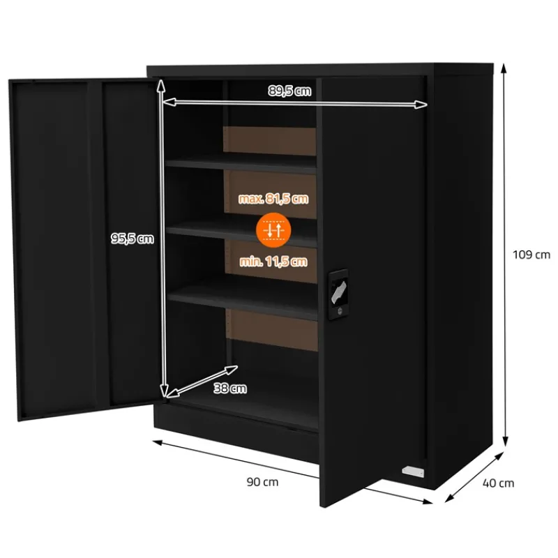 Aktenschrank abschließbar 90x40x109 cm Schwarz aus Stahl ML-Design-ECD Germany Outlet