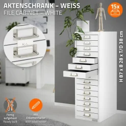 Aktenschrank mit 15 Schubladen 28x38x87 cm Weiß aus Metall ML-Design-ECD Germany Online