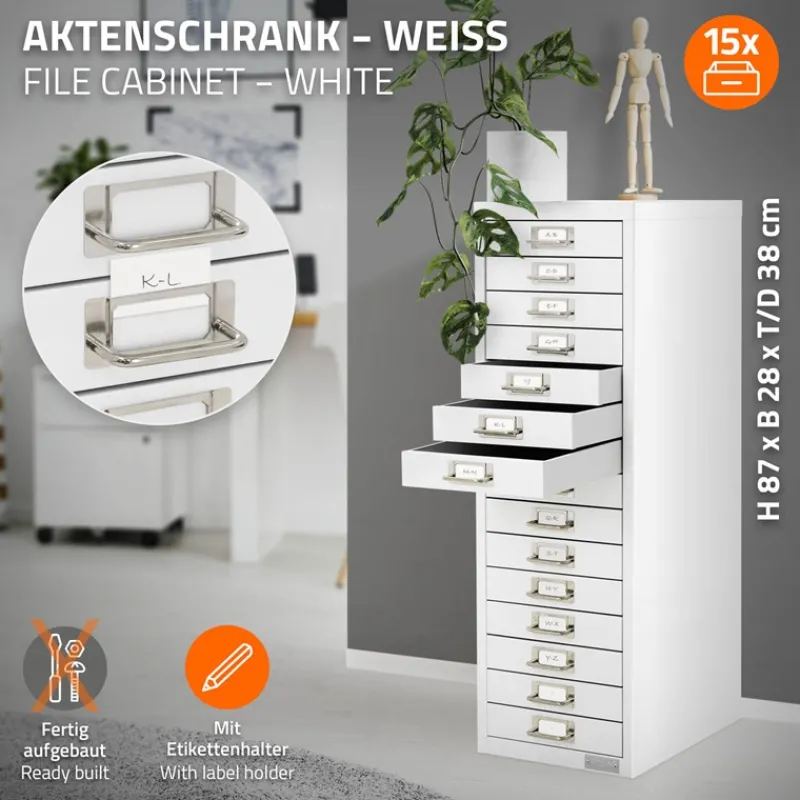 Aktenschrank mit 15 Schubladen 28x38x87 cm Weiß aus Metall ML-Design-ECD Germany Online