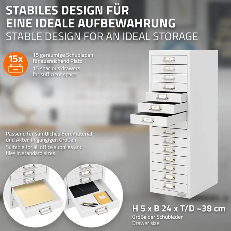 Aktenschrank mit 15 Schubladen 28x38x87 cm Weiß aus Metall ML-Design-ECD Germany Online