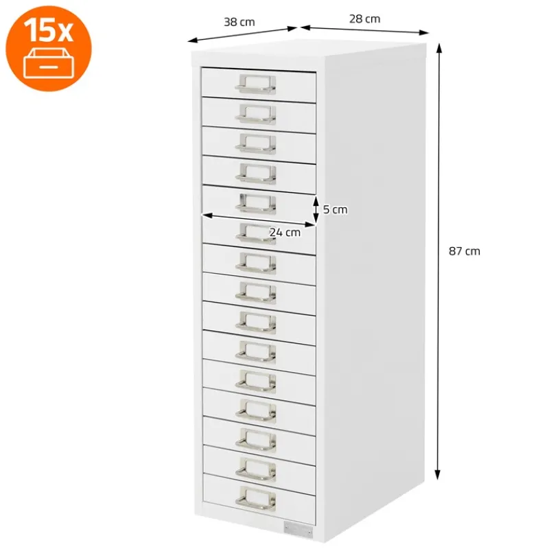 Aktenschrank mit 15 Schubladen 28x38x87 cm Weiß aus Metall ML-Design-ECD Germany Online