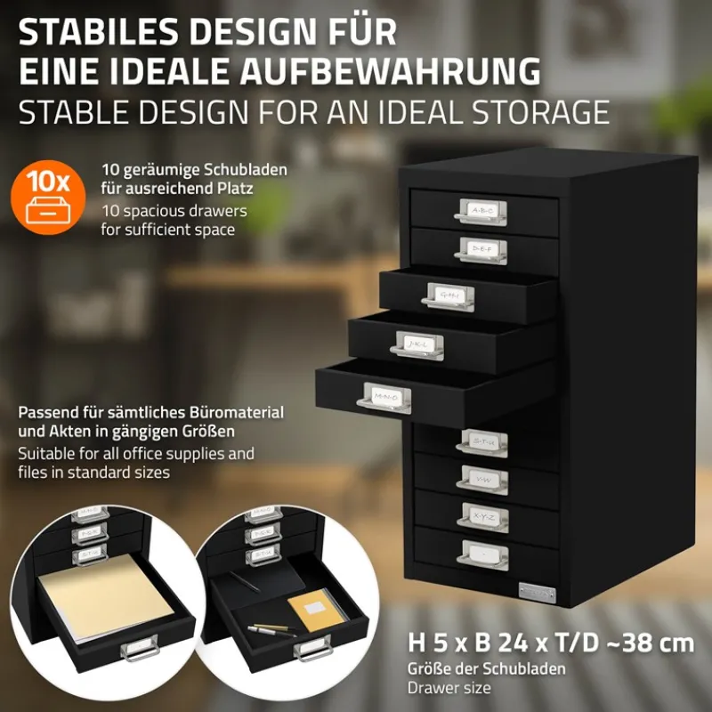Aktenschrank mit 10 Schubladen 28x38x60 cm Schwarz aus Metall ML-Design-ECD Germany Best