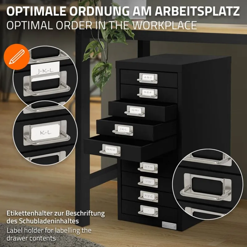 Aktenschrank mit 10 Schubladen 28x38x60 cm Schwarz aus Metall ML-Design-ECD Germany Best