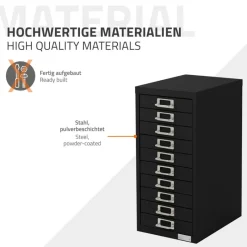 Aktenschrank mit 10 Schubladen 28x38x60 cm Schwarz aus Metall ML-Design-ECD Germany Best