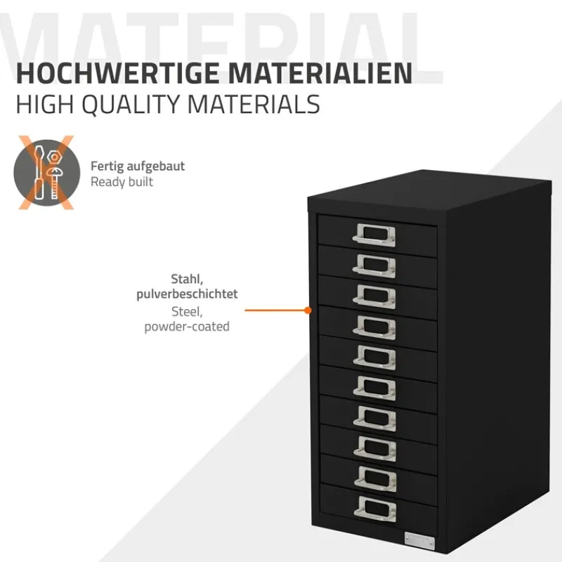 Aktenschrank mit 10 Schubladen 28x38x60 cm Schwarz aus Metall ML-Design-ECD Germany Best