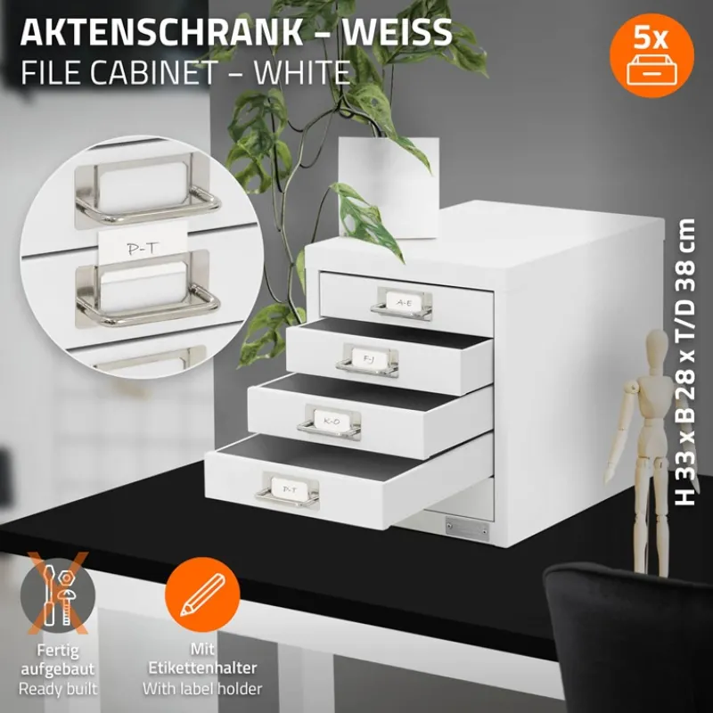 Aktenschrank mit 5 Schubladen 28x38x33 cm Weiß aus Metall ML-Design-ECD Germany Outlet