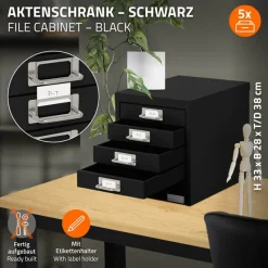 Aktenschrank mit 5 Schubladen 28x38x33 cm Schwarz aus Metall ML-Design-ECD Germany