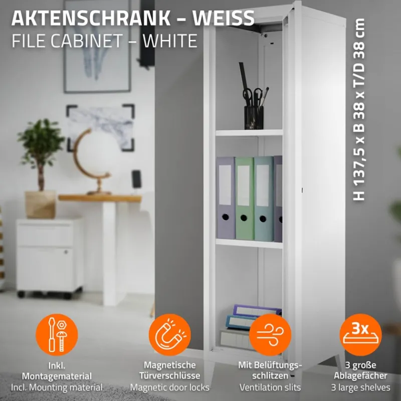 Aktenschrank Spindschrank 1-türig 38x38x137,5 cm Weiß aus Stahl ML-Design-ECD Germany Clearance