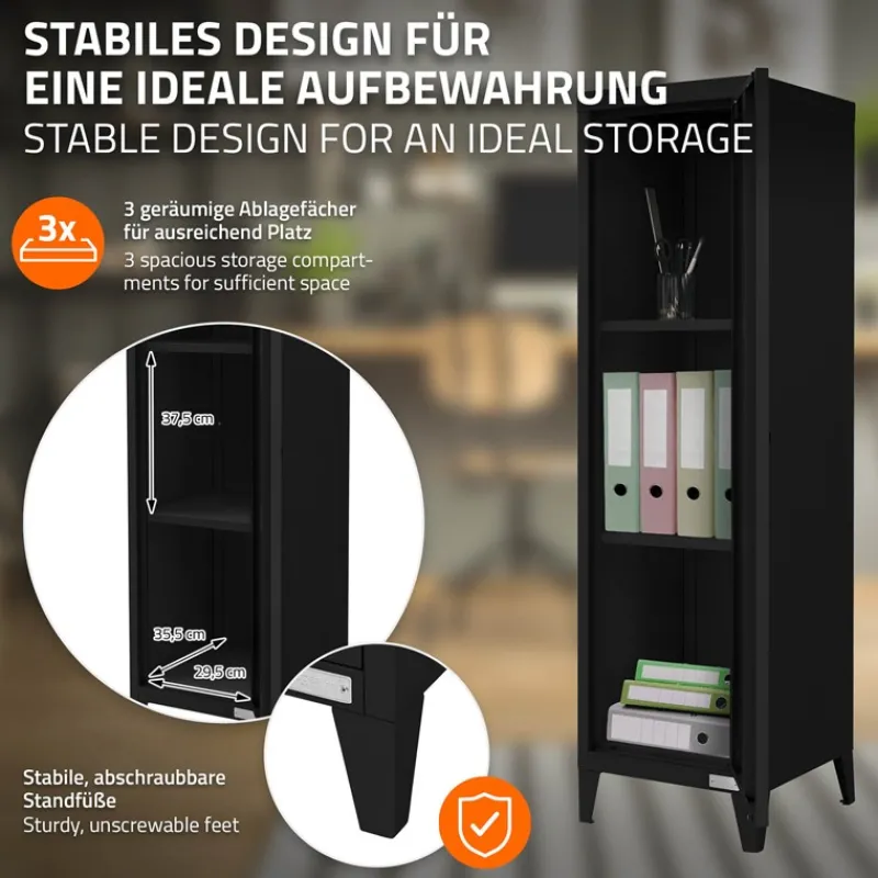 Aktenschrank Spindschrank 1-türig 38x38x137,5 cm Schwarz aus Stahl ML-Design-ECD Germany Hot