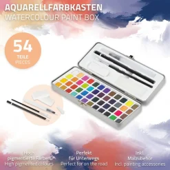 Aquarellfarben Malkasten 48 Farben in Metallbox Silber mit Zubehör-ECD Germany Outlet