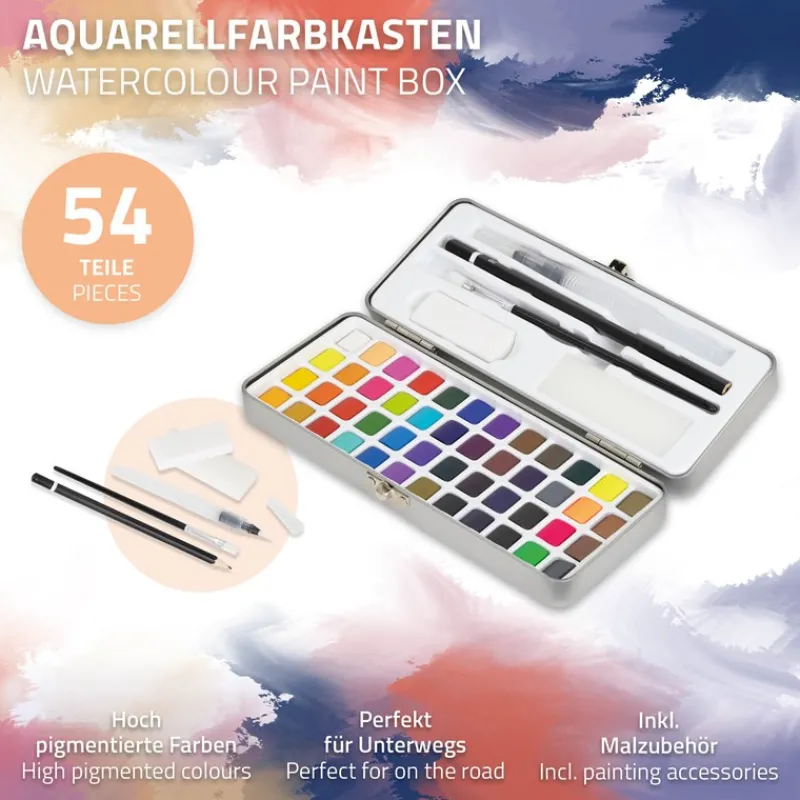 Aquarellfarben Malkasten 48 Farben in Metallbox Silber mit Zubehör-ECD Germany Outlet