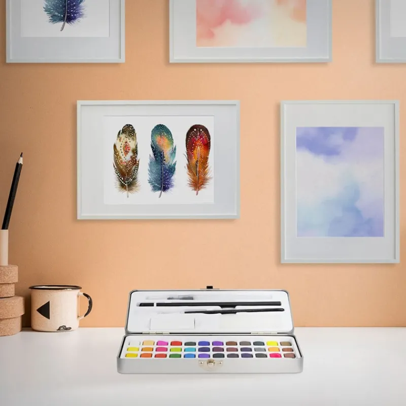 Aquarellfarben Malkasten 48 Farben in Metallbox Silber mit Zubehör-ECD Germany Outlet