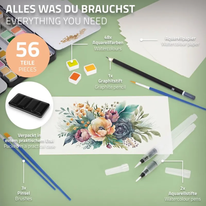 Aquarellfarbkasten mit 48 Farben inklusive Pinsel und Papier Malkasten Set-ECD Germany Sale