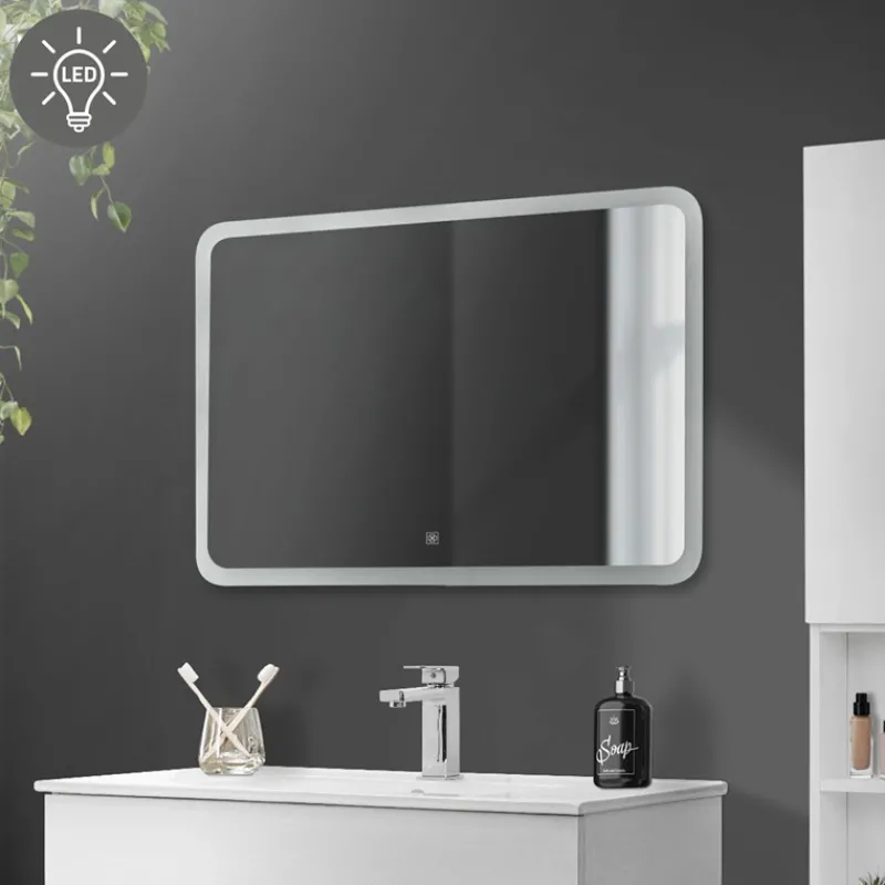Badezimmer LED-Spiegel abgerundet mit Touchschalter 90x60 cm Weiß aus Glas ML-Design-ECD Germany Online