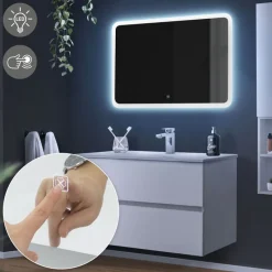 Badezimmer LED-Spiegel abgerundet mit Touchschalter 90x60 cm Weiß aus Glas ML-Design-ECD Germany Online