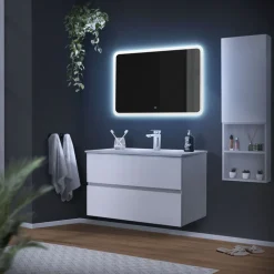 Badezimmer LED-Spiegel abgerundet mit Touchschalter 90x60 cm Weiß aus Glas ML-Design-ECD Germany Online