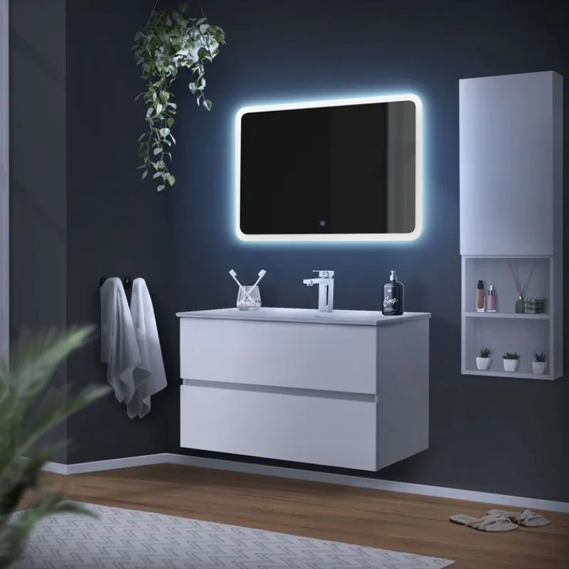 Badezimmer LED-Spiegel abgerundet mit Touchschalter 90x60 cm Weiß aus Glas ML-Design-ECD Germany Online