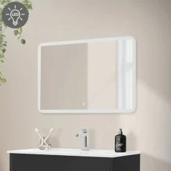 Badezimmer LED-Spiegel eckig mit Touchschalter 90x60 cm Weiß aus Glas ML-Design-ECD Germany