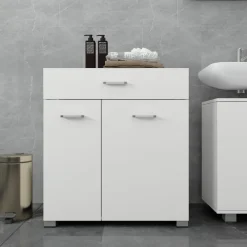 Badezimmerschrank Badschrank mit Wäschekorb 75x37x90 cm in Weiß ML-Design-ECD Germany Discount