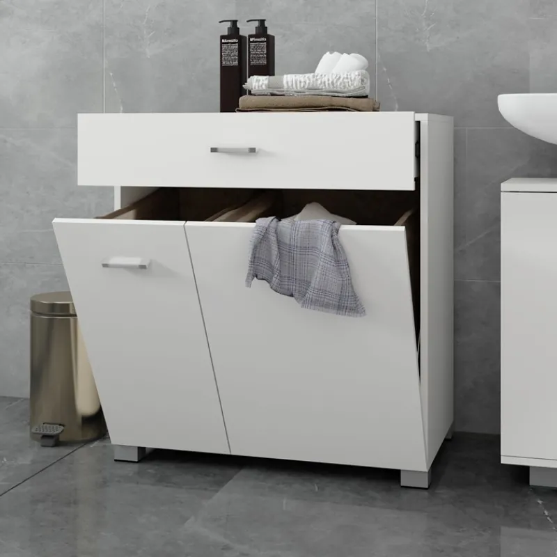 Badezimmerschrank Badschrank mit Wäschekorb 75x37x90 cm in Weiß ML-Design-ECD Germany Discount