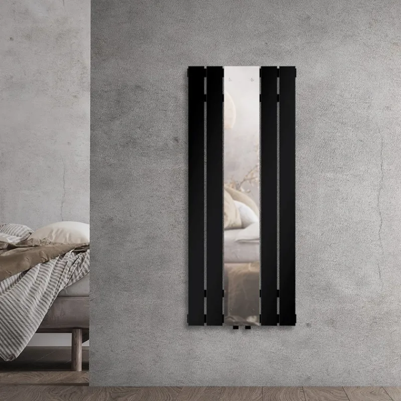 Badheizkörper Einlagig inkl. Spiegel 1200x450 mm Schwarz matt mit Mittelanschluss LuxeBath-ECD Germany Hot