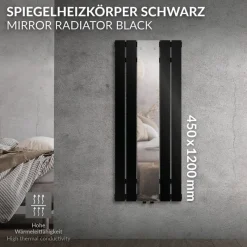 Badheizkörper Einlagig inkl. Spiegel 1200x450 mm Schwarz matt mit Mittelanschluss LuxeBath-ECD Germany Hot
