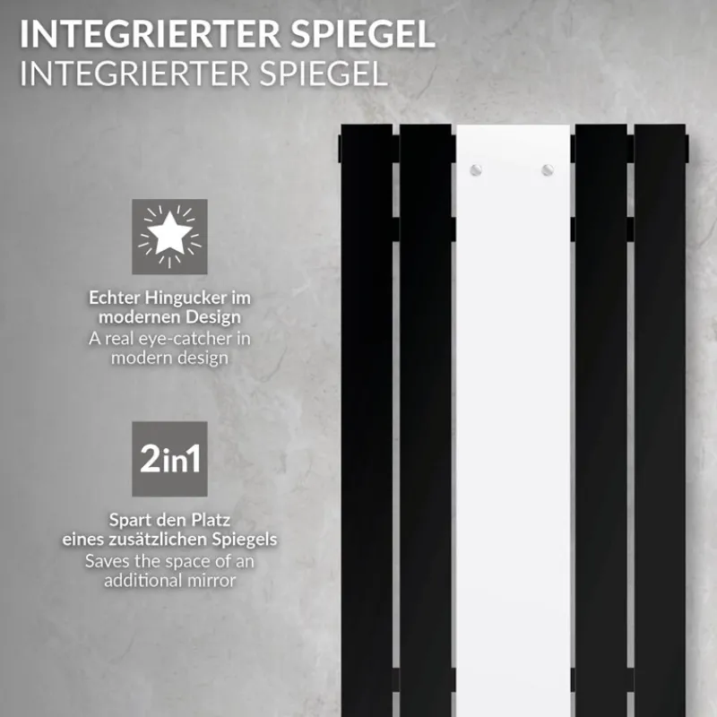 Badheizkörper Einlagig inkl. Spiegel 1200x450 mm Schwarz matt mit Mittelanschluss LuxeBath-ECD Germany Hot