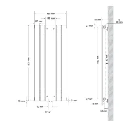 Badheizkörper Einlagig inkl. Spiegel 1200x450 mm Schwarz matt mit Mittelanschluss LuxeBath-ECD Germany Hot