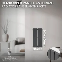 Badheizkörper Einlagig Vertikal 600x300 mm Anthrazit mit Mittelanschluss LuxeBath-ECD Germany New