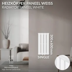 Badheizkörper Einlagig Vertikal 600x300 mm Weiß mit Mittelanschluss LuxeBath-ECD Germany Online