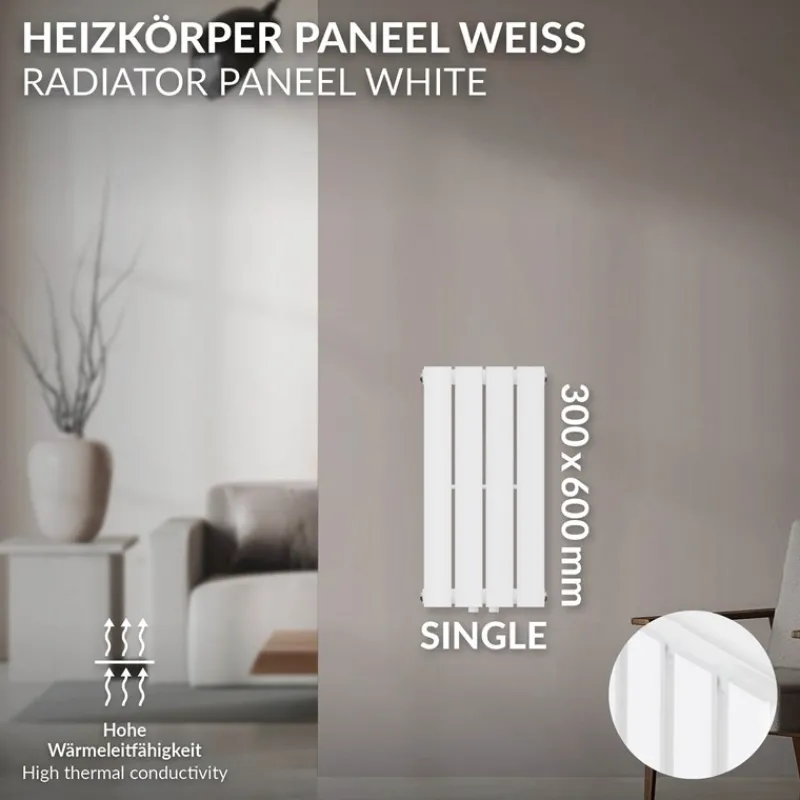 Badheizkörper Einlagig Vertikal 600x300 mm Weiß mit Mittelanschluss LuxeBath-ECD Germany Online