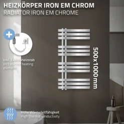 Badheizkörper Elektrisch mit Heizstab 300W 500x1000 mm Chrome-ECD Germany Clearance