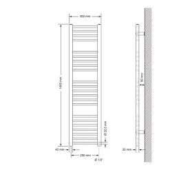 Badheizkörper Elektrisch mit Heizstab 900W 300x1400 mm Weiß gerade mit Seitenanschluss-ECD Germany Online
