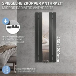 Badheizkörper Flach mit Spiegel und Wand Anschlussgarnitur 45x120 cm Anthrazit ML-Design-ECD Germany Best