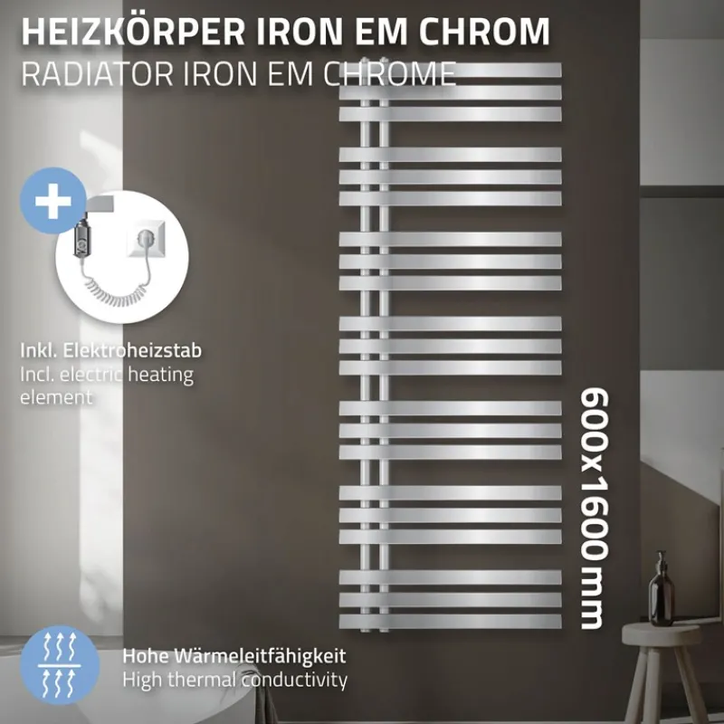 Badheizkörper Iron EM mit Heizstab 1200W 600x1600 mm Chrome-ECD Germany New