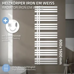 Badheizkörper Iron EM mit Heizstab 1200W 600x1600 mm Weiß-ECD Germany New