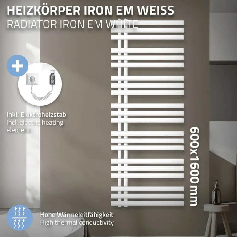 Badheizkörper Iron EM mit Heizstab 1200W 600x1600 mm Weiß-ECD Germany New