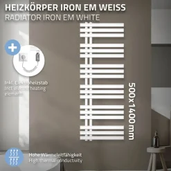 Badheizkörper Iron EM mit Heizstab 900W 500x1400 mm Weiß-ECD Germany Online