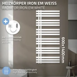 Badheizkörper Iron EM mit Heizstab 1200W 600x1400 mm Weiß-ECD Germany New