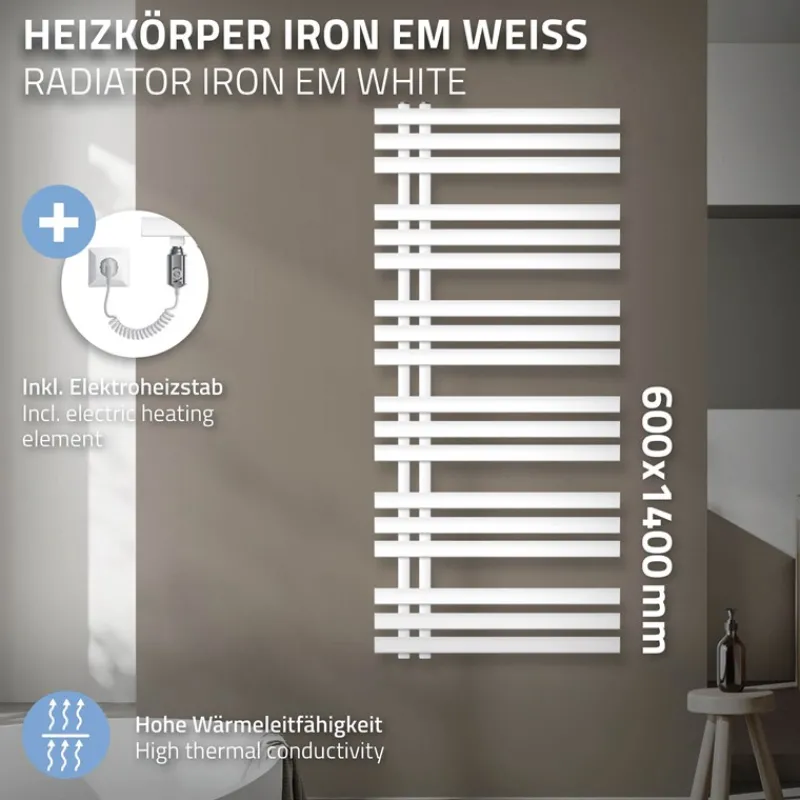 Badheizkörper Iron EM mit Heizstab 1200W 600x1400 mm Weiß-ECD Germany New
