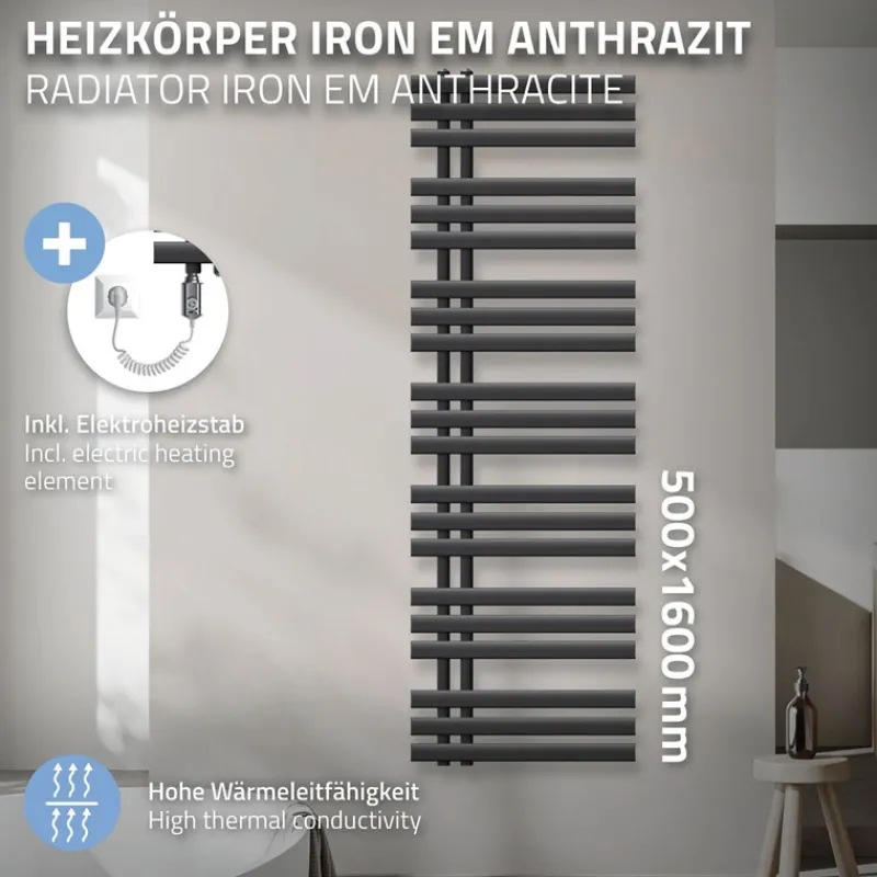 Badheizkörper Iron EM mit Heizstab 900W 500x1600 mm Anthrazit-ECD Germany New