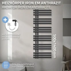 Badheizkörper Iron EM 500x1400 mm Anthrazit mit Heizstab 1200W-ECD Germany Best