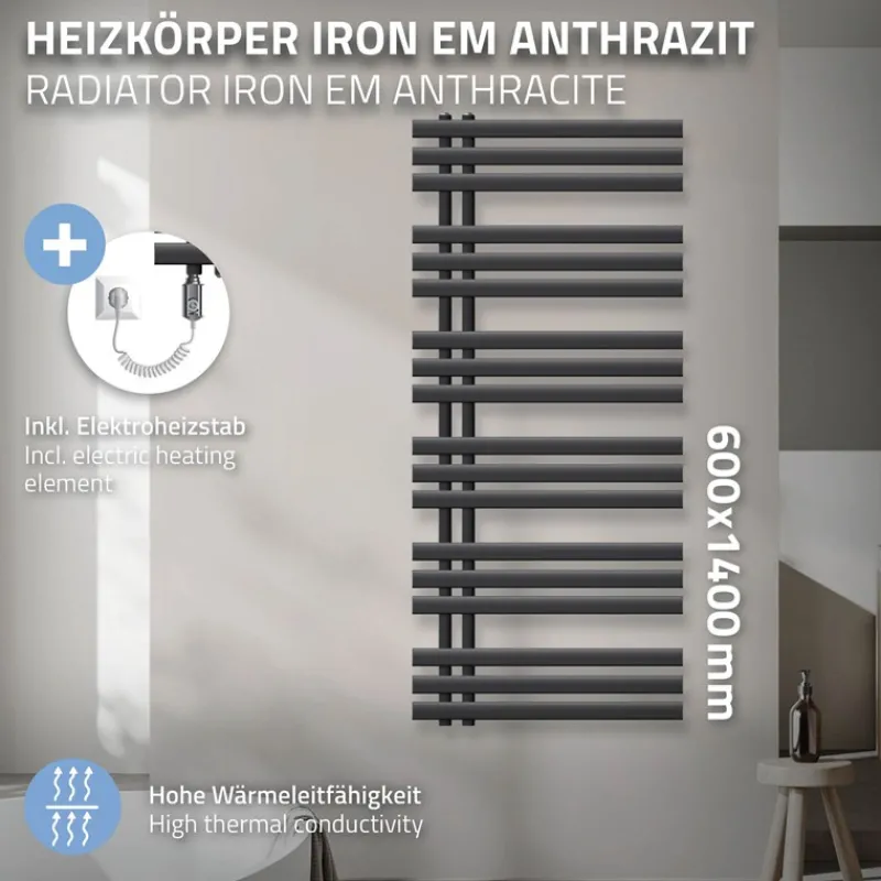 Badheizkörper Iron EM 600x1400 mm anthrazit mit Heizstab 1200W-ECD Germany Outlet