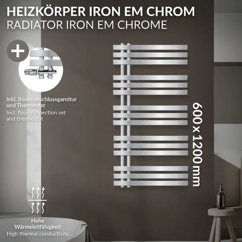 Badheizkörper Iron EM 600x1200 mm Chrome mit Boden Anschlussgarnitur-ECD Germany