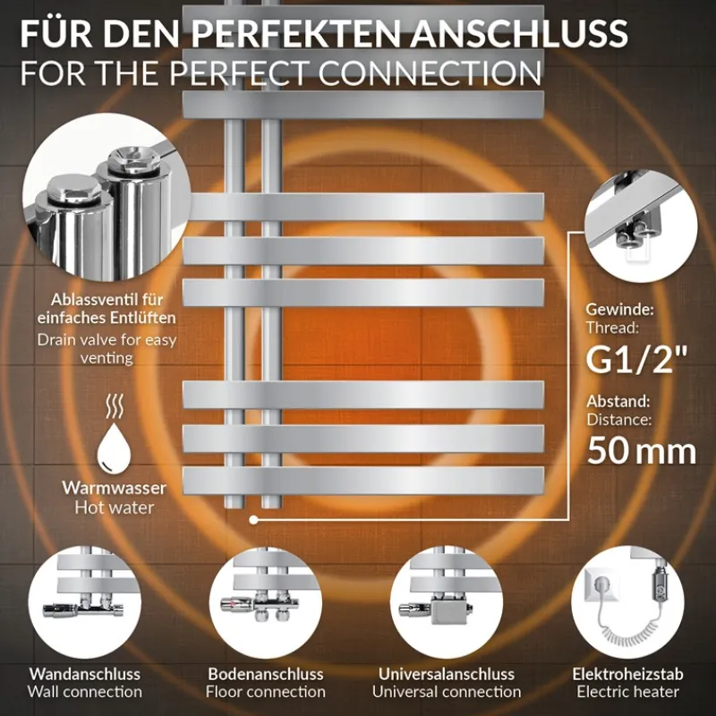 Badheizkörper Iron EM 600x1200 mm Chrome mit Boden Anschlussgarnitur-ECD Germany