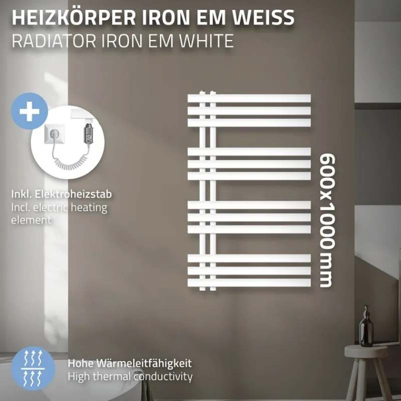 Badheizkörper mit Heizstab 300W 600x1000 mm Weiß LuxeBath-ECD Germany Hot
