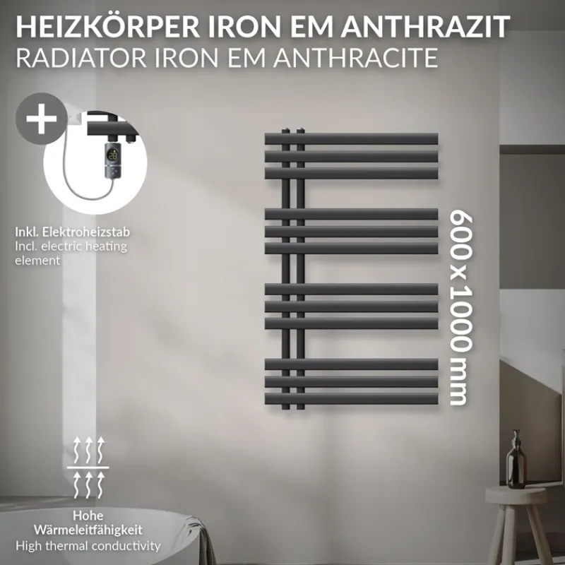 Badheizkörper Mittelanschluss 600x1000 mm Anthrazit mit Heizstab 300W LuxeBath-ECD Germany New